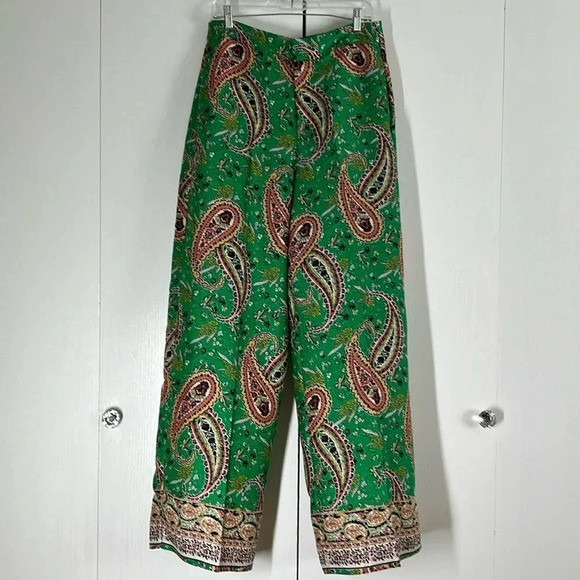 Zara High Waisted Wide Leg Bohemian Paisley Print Pants Green Multicolor Size L - Picture 3 of 13